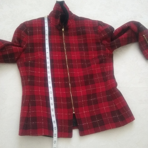 St John zip front red plaid tartan vintage velvet collar lady jacket - Picture 6 of 7